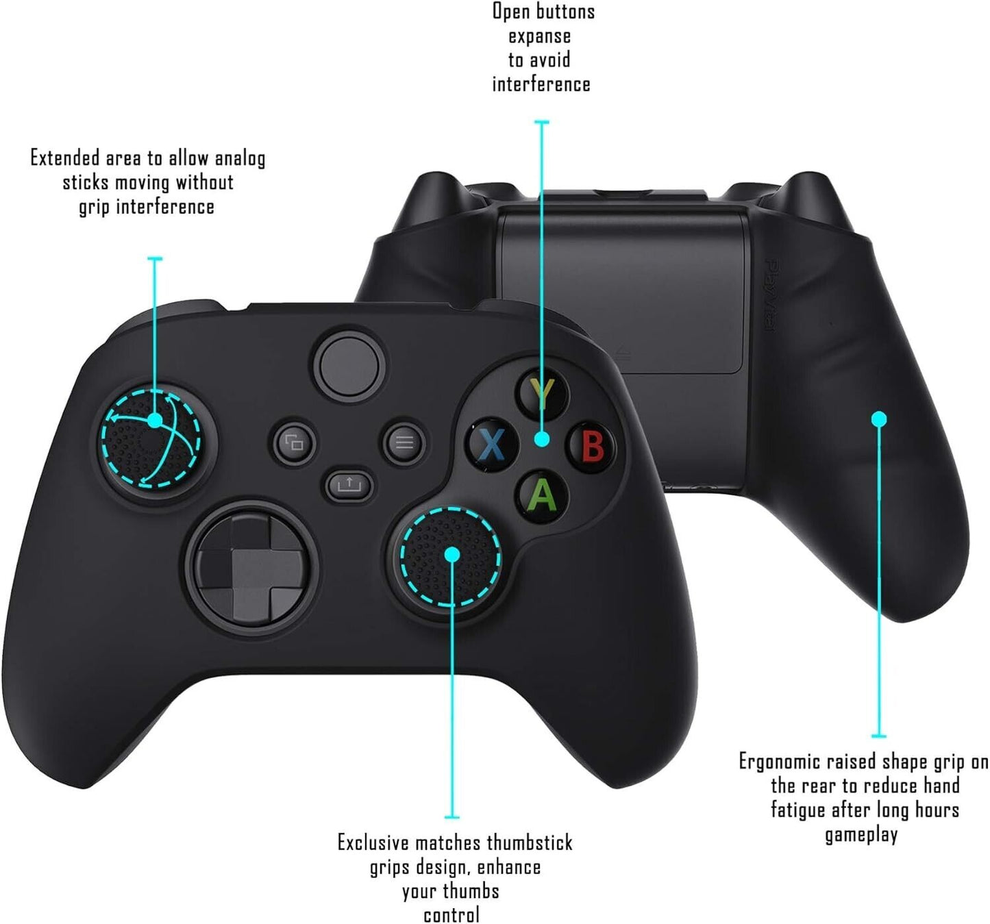 Black Pure Anti-Slip Cover Skin for Xbox Series Controller with Thumb Grip Caps