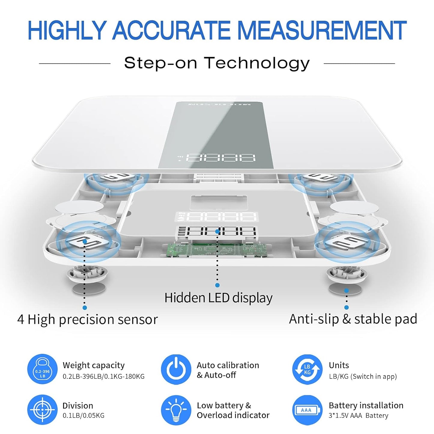Scale for Body Weight,Smart Digital Bathroom Scales,Bmi Weight Scales for People,Bluetooth Weighing Scale with App,400Lb,White