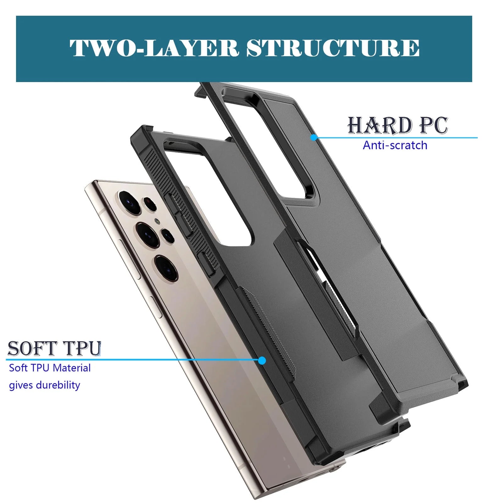 For Galaxy S24,S24 Plus,S24 Ultra Case, Heavy Duty Shockproof Dual Layer Rugged Full-Body Protective Phone Cover,2 in 1 Silicone Rubber Phone Case for Samsung Galaxy S24 Ultra - Black 2024