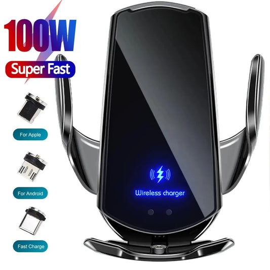 Car Wireless Charging Infrared Induction Fast Charging 100W Magnetic Automatic Car Mount Phone Holder for Iphone Xiaomi Samsung